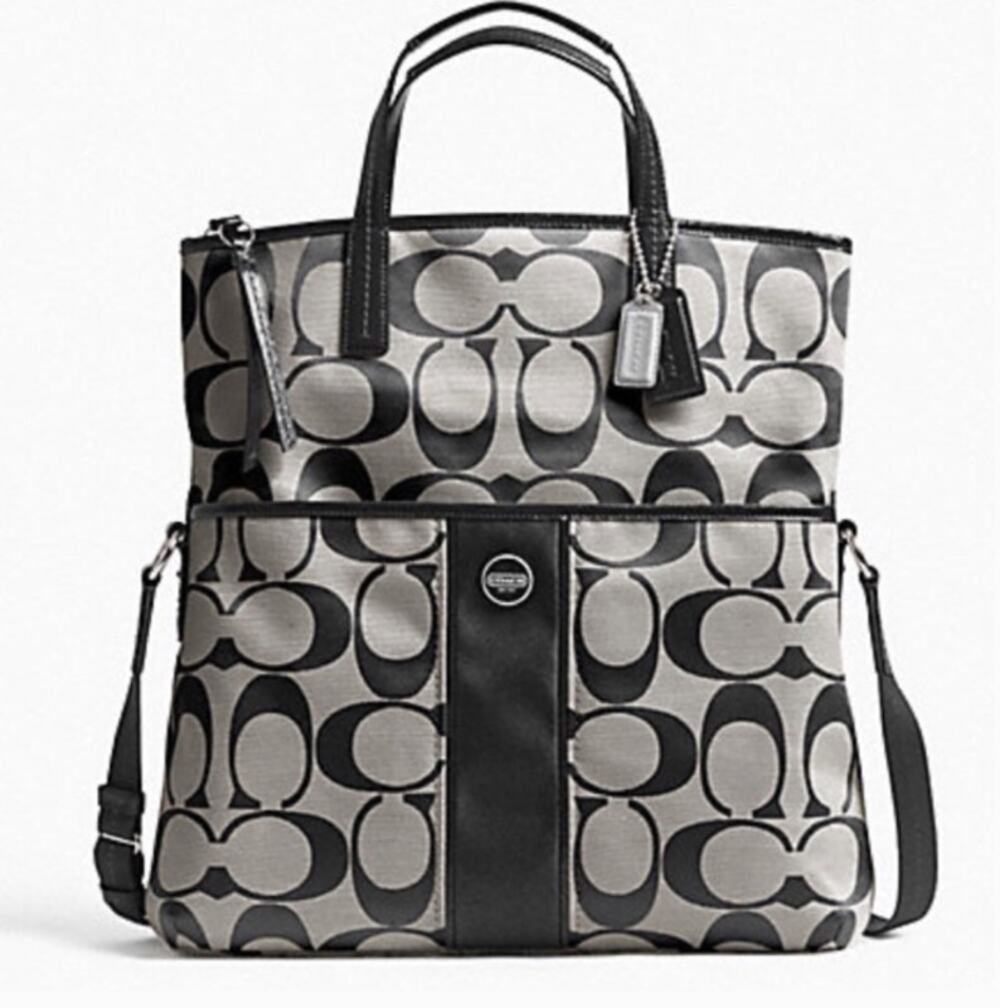 COACH Signature Stripe Foldover Tote Black/Silver